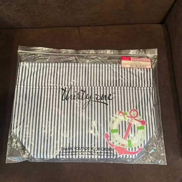 thirty-one Bags Thermal Tote Lunch Bag Navy Pinstripe With